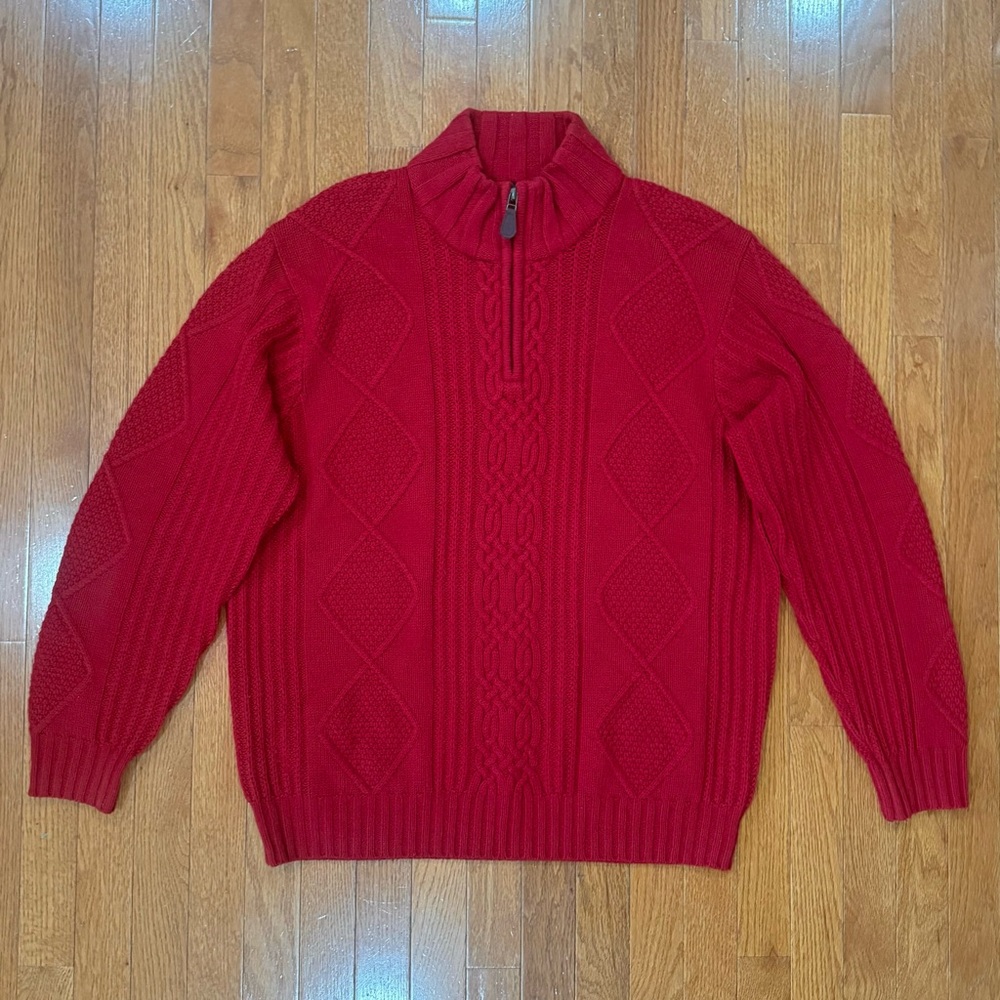Jos A Bank Wool Quarter 1/4 Zip Cable Chunky Knit Sweater Mens XL Red Fisherman